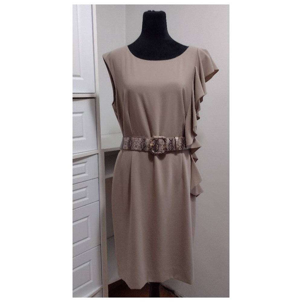 Antonio Melani Sheath Dress with Asymmetric Side Shoulder Ruffle Tan Beige